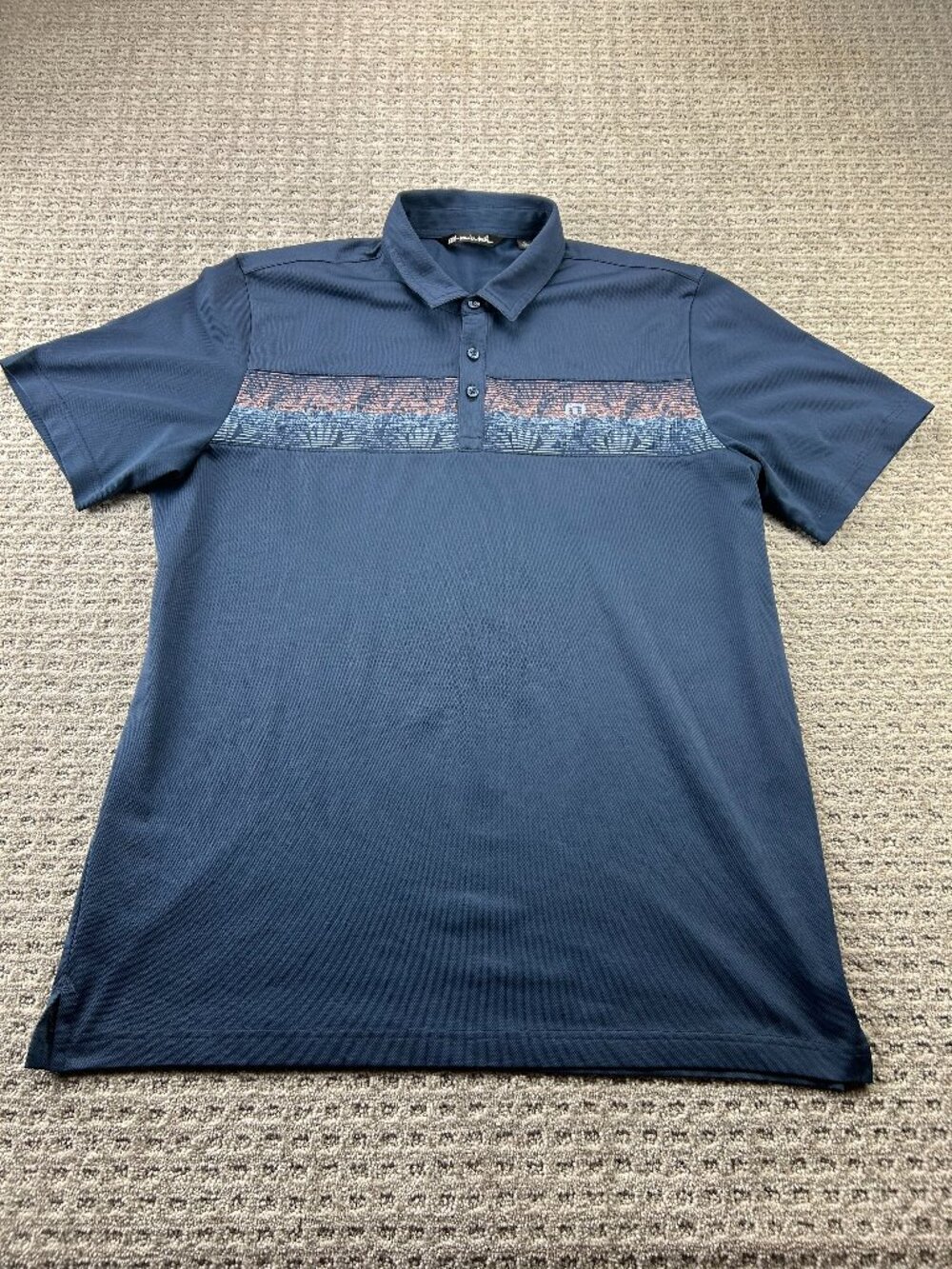 Travis Mathew Golf Shirt Men Extra Large XL Navy Blue Orange Stripe Graphic